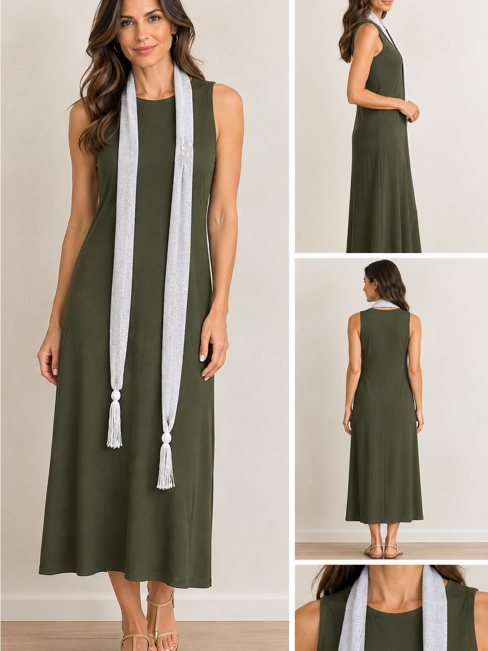 Scoop NYC Olive Green Sleeveless Maxi Dress with Light blue Chico’s Scarf
#0128